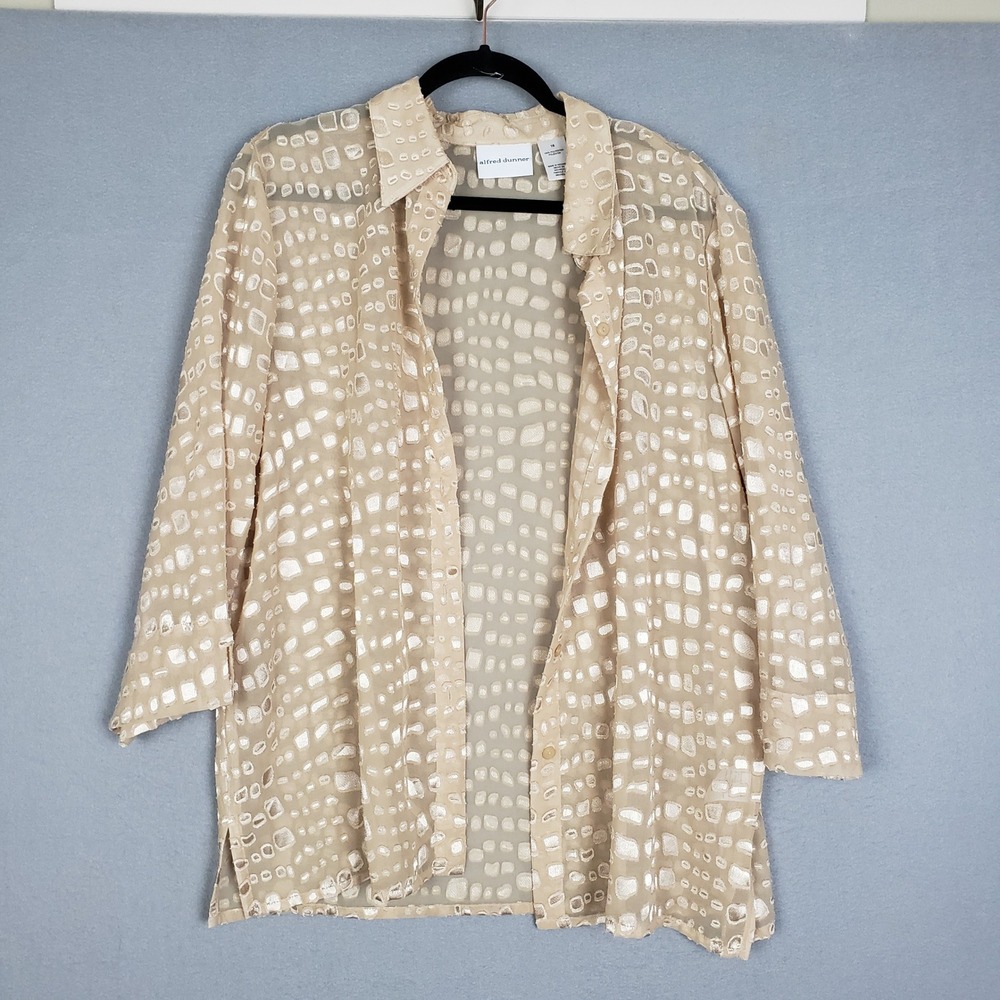 Alfred Dunner Plus Size 14 Sheer Button Up Layering Shirt Tan Animal Print Spots